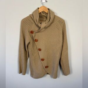 Women's Tan Overlay Sweater with Large Buttons - Size Medium